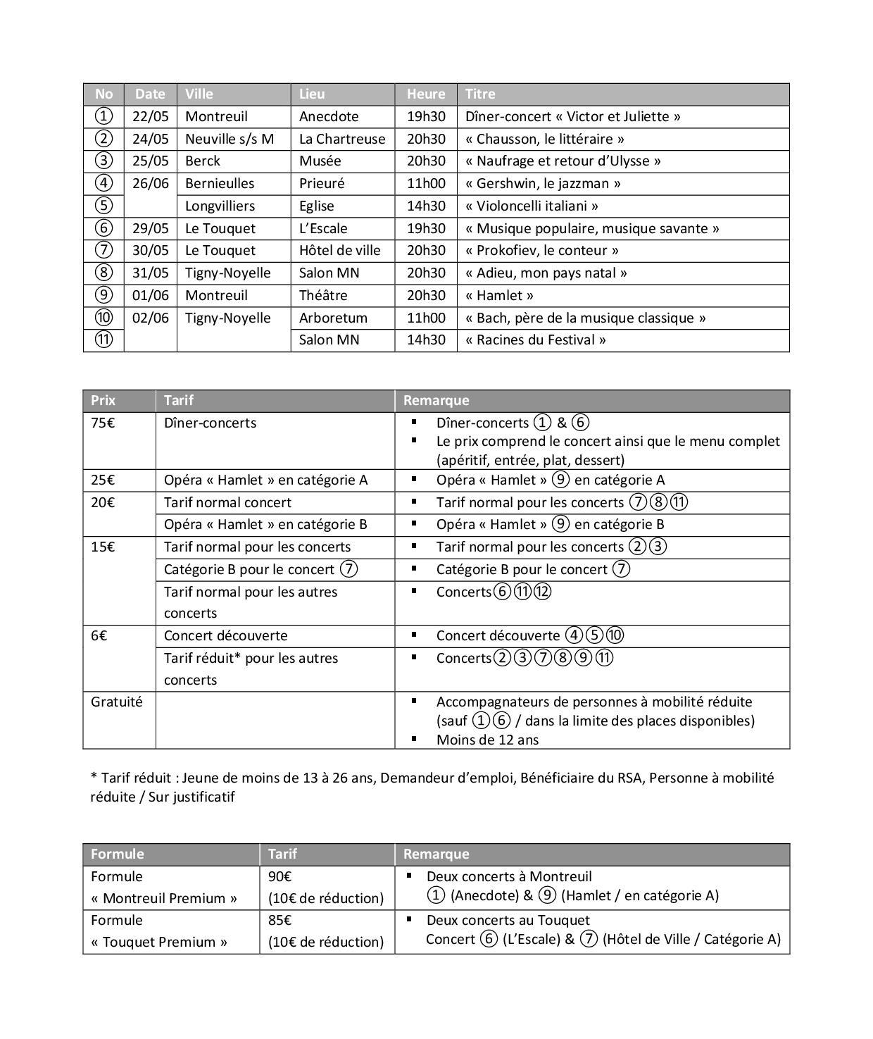 Liste et tarif de concerts MN 2019