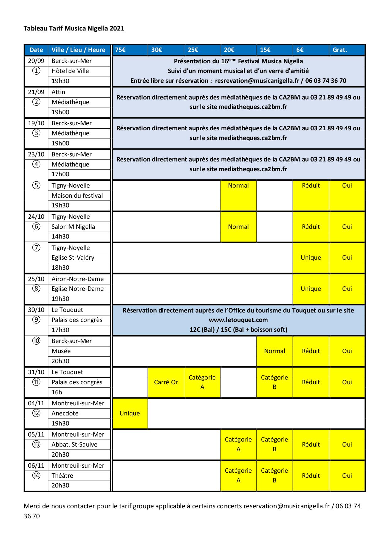 Tableau Tarif Musica Nigella 2021